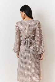 Cream Geometric Print Chiffon Balloon Sleeve Wrap Midi Dress