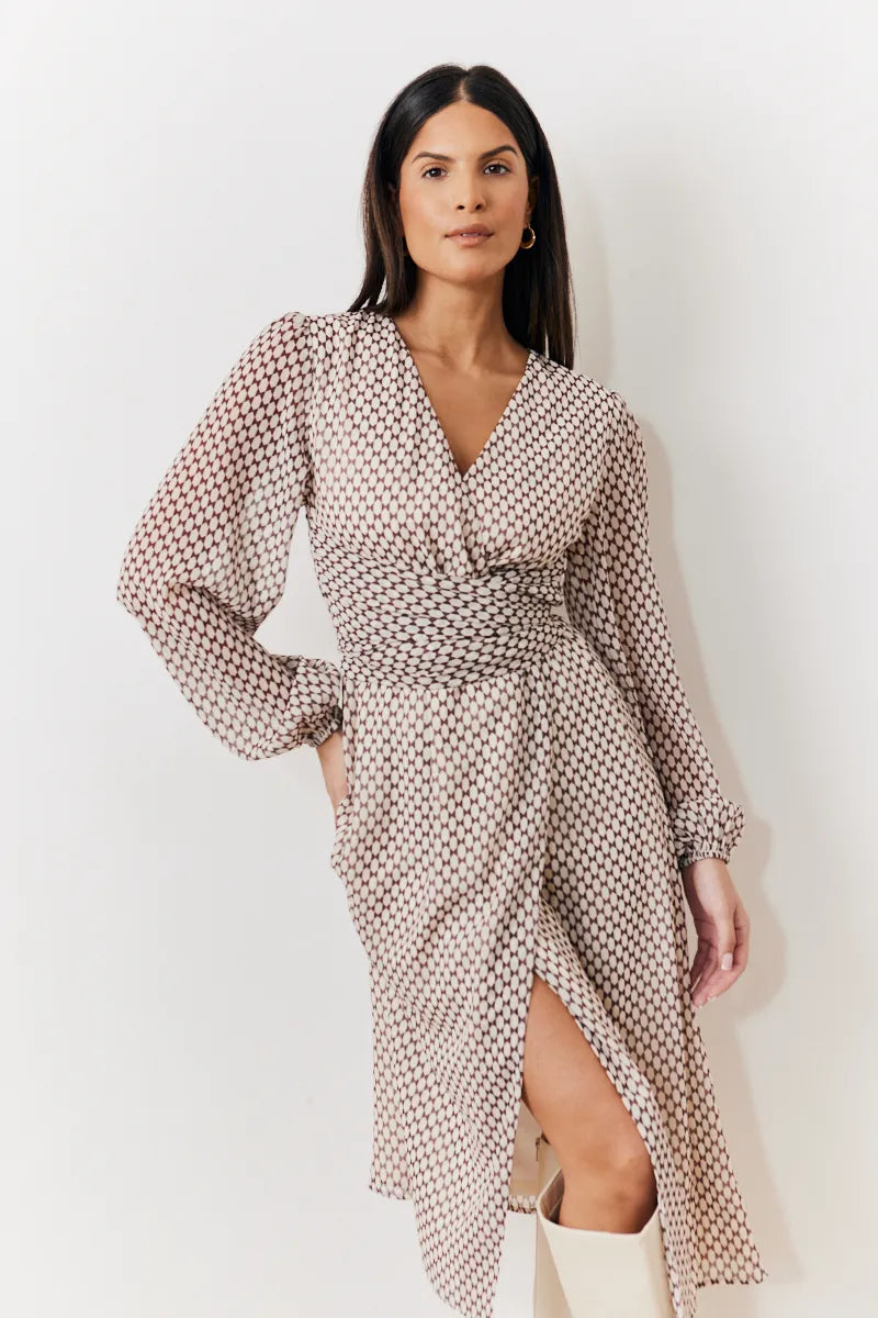 In The Style Cream Geometric Print Chiffon Balloon Sleeve Wrap Midi Dress