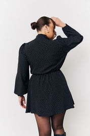 Black and White Polka Dot Mini Dress with Tie Neck
