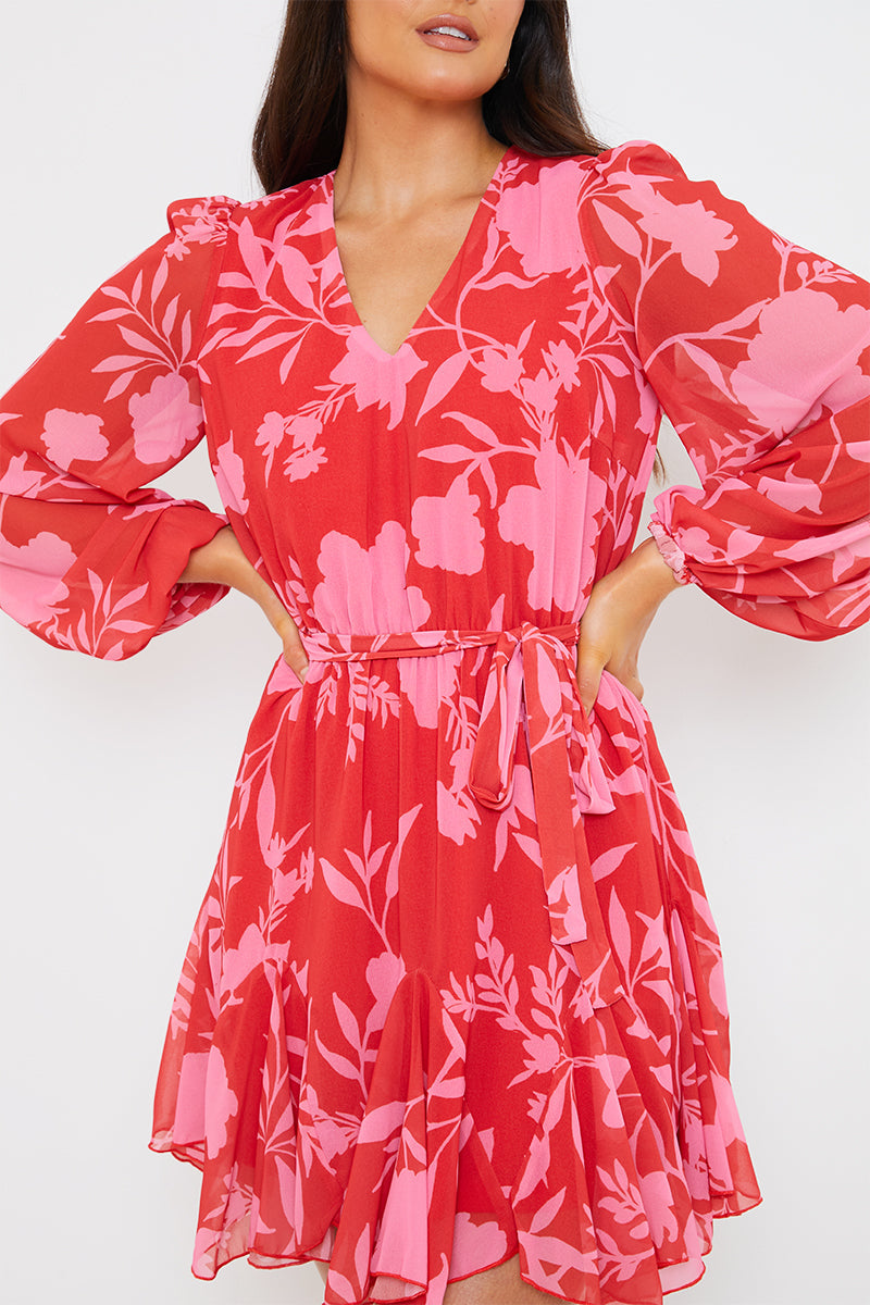 Floral Balloon Sleeve Godet Skater Mini Dress