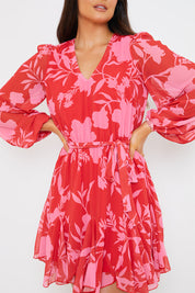 Floral Balloon Sleeve Godet Skater Mini Dress