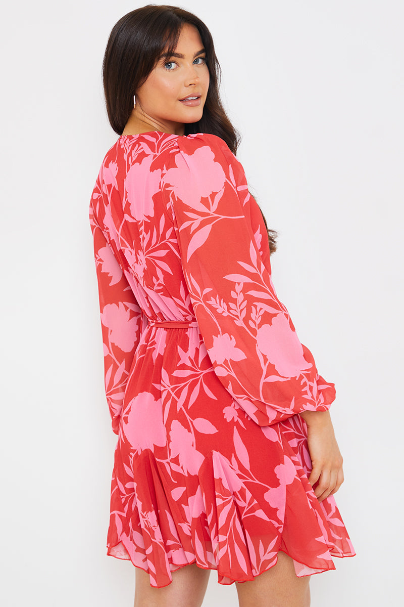 Floral Balloon Sleeve Godet Skater Mini Dress