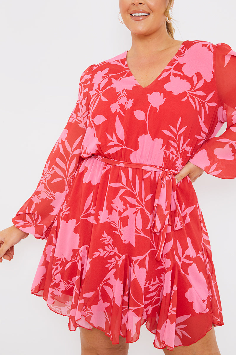 Floral Balloon Sleeve Godet Skater Mini Dress