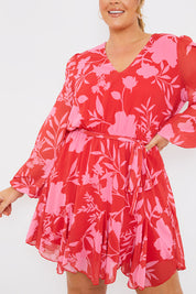 Floral Balloon Sleeve Godet Skater Mini Dress