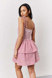 Red Seersucker Gingham Shirred Mini Dress