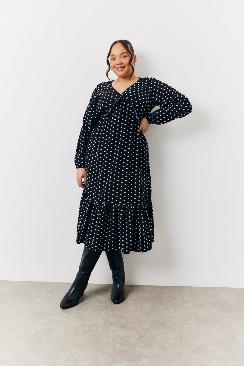 Black and White Polka Dot Frill Detail Midaxi Dress