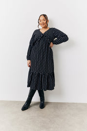 Black and White Polka Dot Frill Detail Midaxi Dress