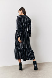 Black and White Polka Dot Frill Detail Midaxi Dress
