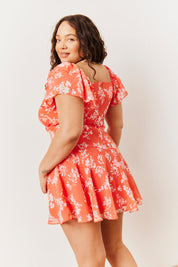 Coral Floral Print Chiffon Flutter Sleeve Mini Dress