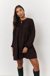 Brown Textured Tie Front Detail Smock Dress