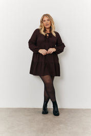 Brown Textured Tie Front Detail Smock Dress