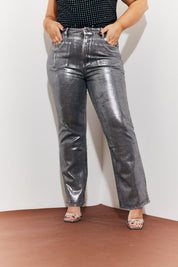 Wide Leg Silver Foil High Waisted Jeans