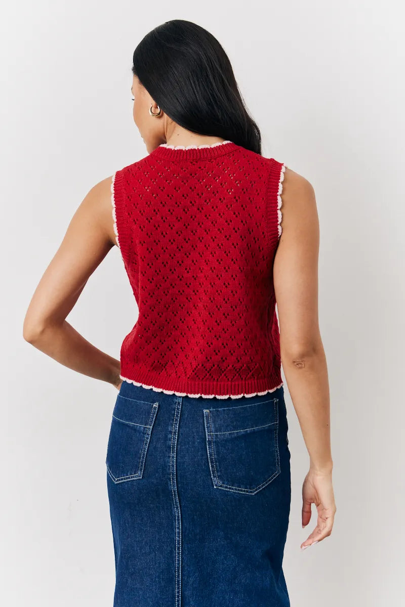 In The Style Contrast Edge Tie Front Knitted Waistcoat in Red