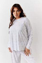 White Bow Print Long Sleeve Top and Trouser PJ Set