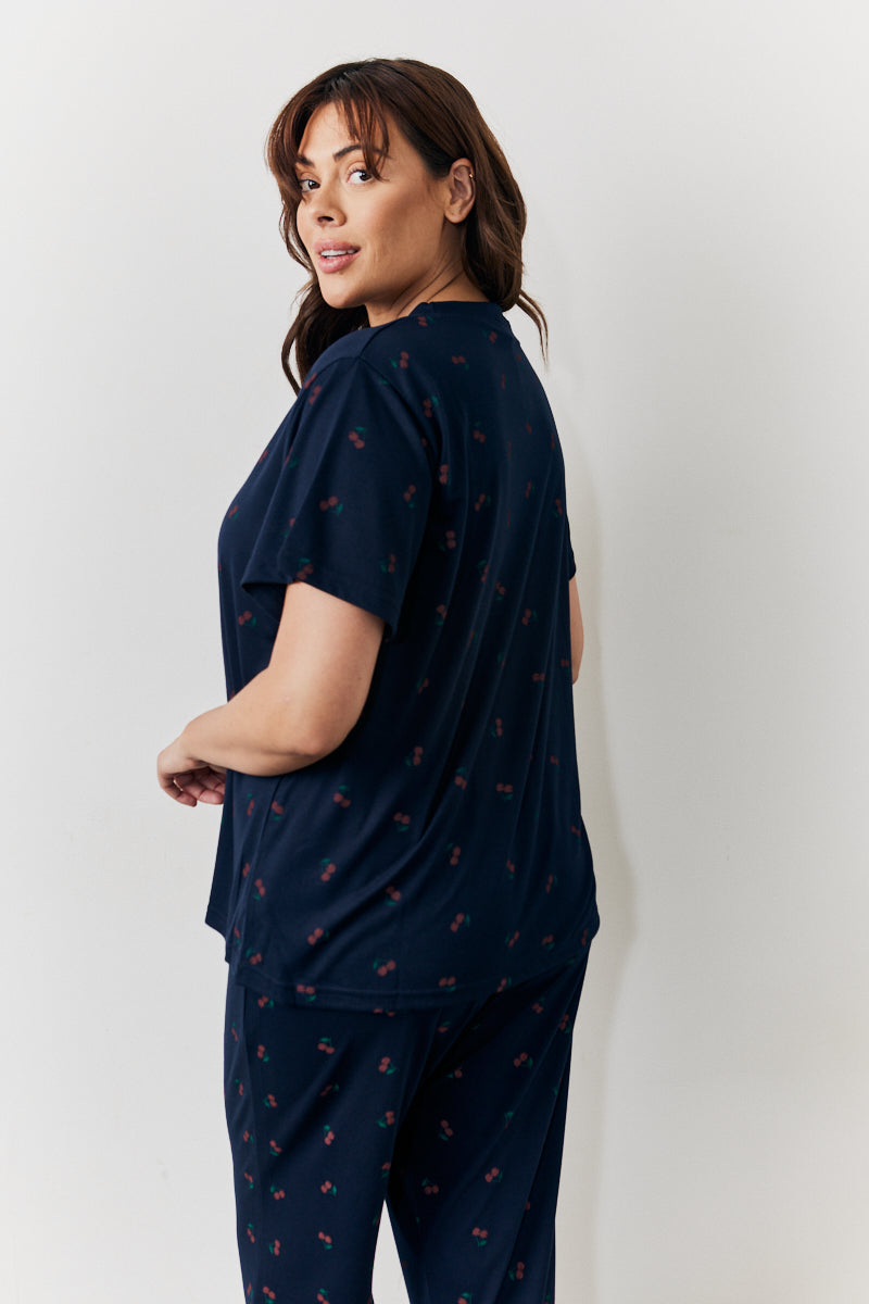 Navy Cherry Print T Shirt and Cuff Jogger Pj Set