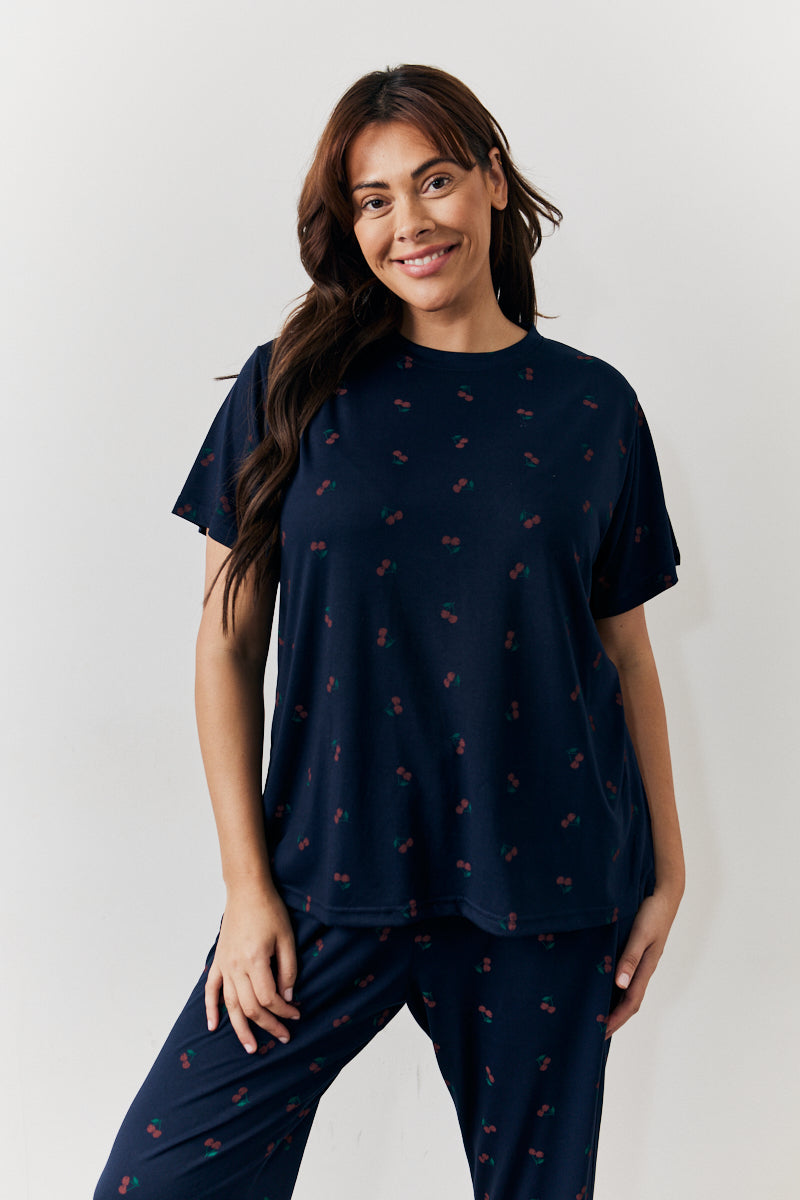 Navy Cherry Print T Shirt and Cuff Jogger Pj Set