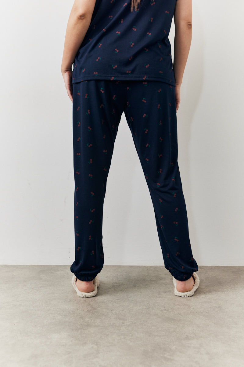 Navy Cherry Print T Shirt and Cuff Jogger Pj Set