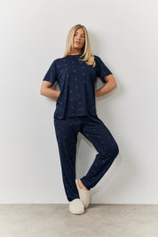 Navy Cherry Print T Shirt and Cuff Jogger Pj Set