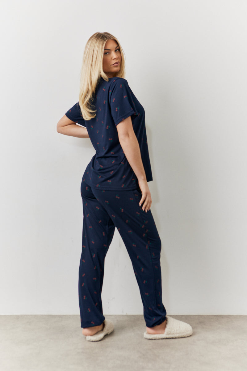 Navy Cherry Print T Shirt and Cuff Jogger Pj Set