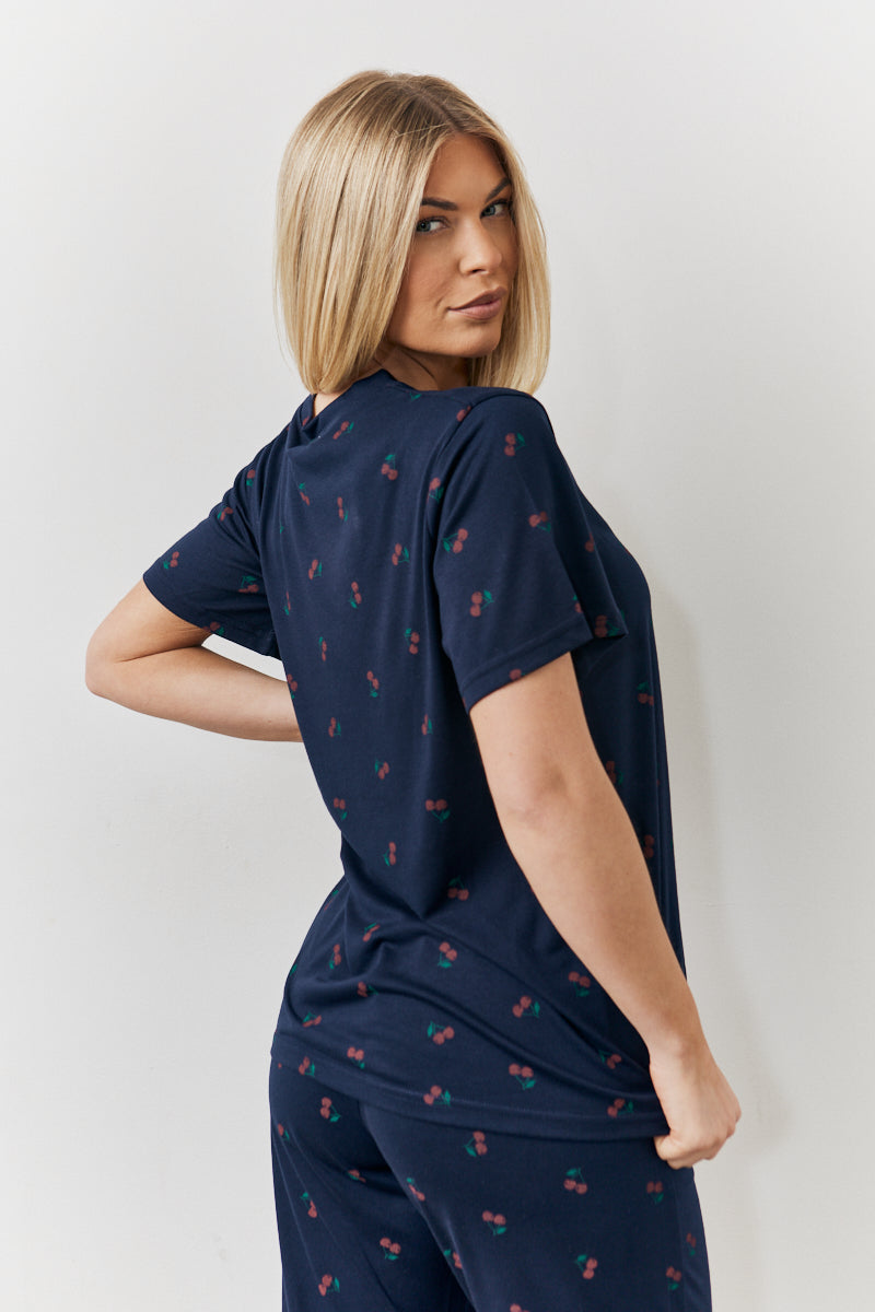 Navy Cherry Print T Shirt and Cuff Jogger Pj Set