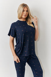 Navy Cherry Print T Shirt and Cuff Jogger Pj Set