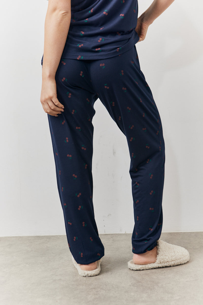 Navy Cherry Print T Shirt and Cuff Jogger Pj Set
