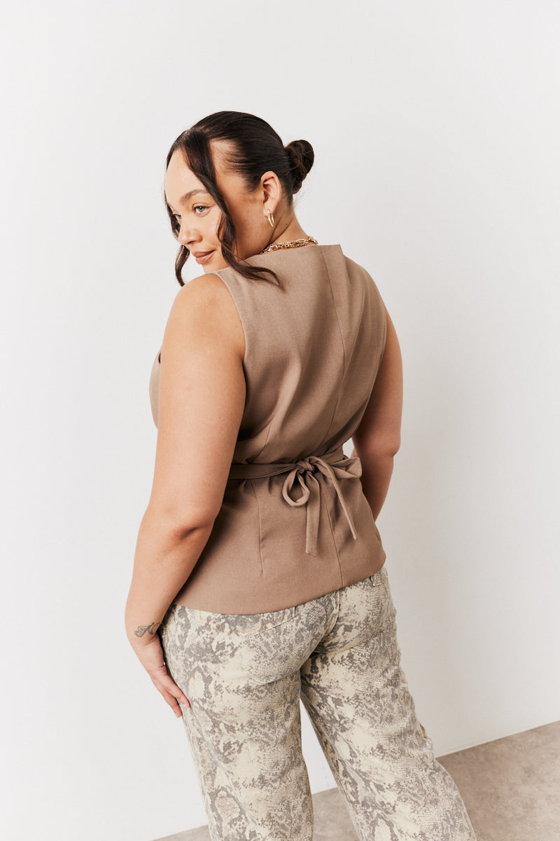 Stone Square Neck Longline Waistcoat