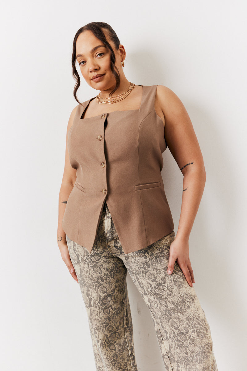 Stone Square Neck Longline Waistcoat