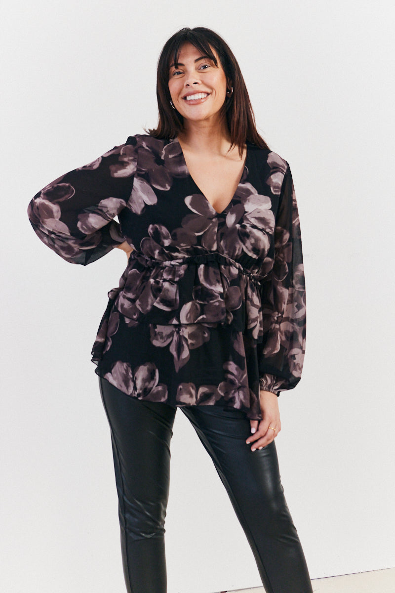 Floral V Neck Frill Detail Blouse