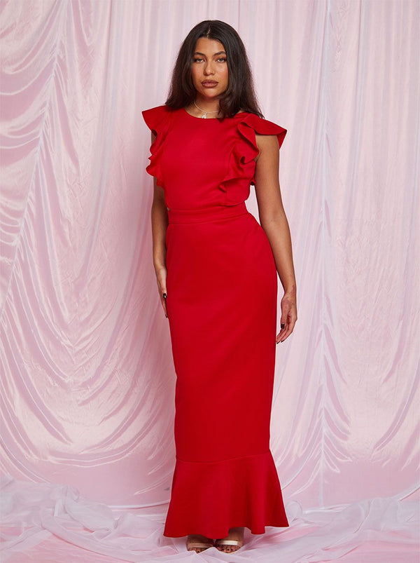 Ruffle Sleeve Cut Out Back Maxi Dress in Red