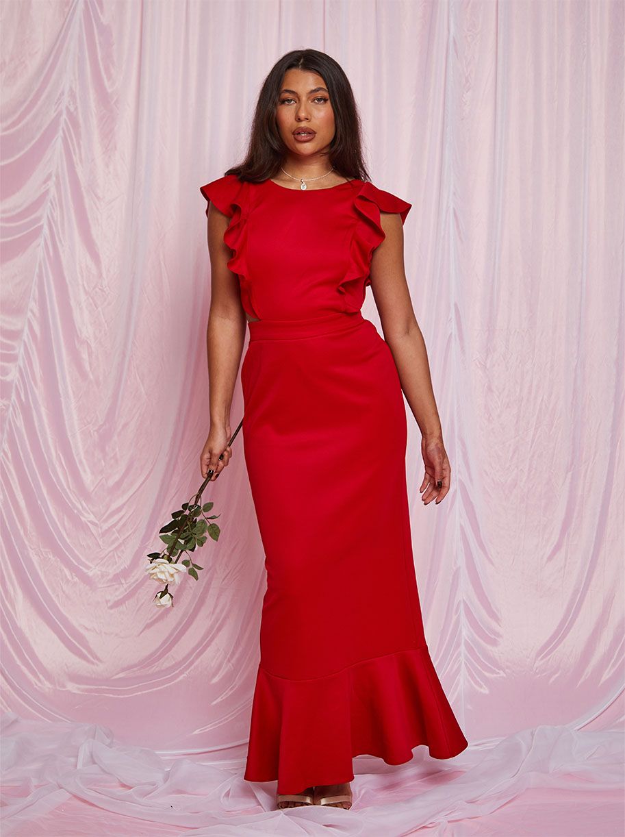 Ruffle Sleeve Cut Out Back Maxi Dress in Red | Chi Chi London UK Ruffle Sleeve Cut Out Back Maxi Dress in Red | Chi Chi London UK
