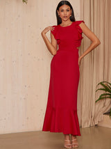 Ruffle Sleeve Cut Out Back Maxi Dress in Red