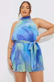 Plisse Abstract Halterneck Belted Playsuit