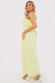 Strappy Floral Jacquard Ruffle Maxi Dress