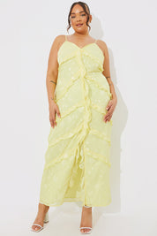 Strappy Floral Jacquard Ruffle Maxi Dress