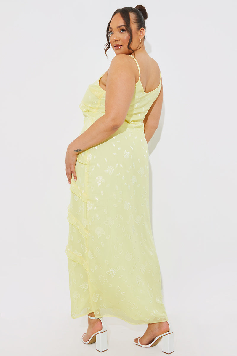 Strappy Floral Jacquard Ruffle Maxi Dress