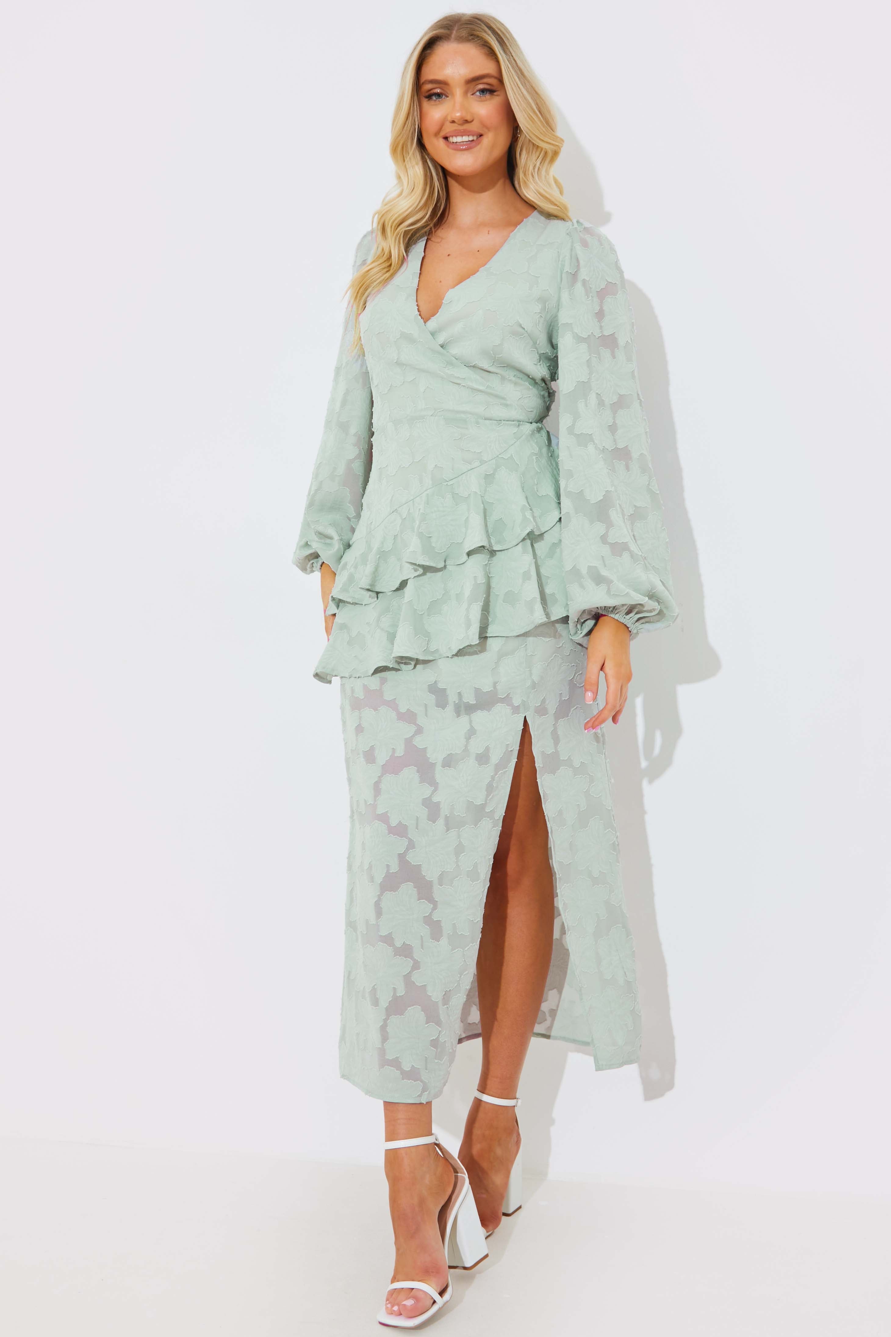 Jacquard Asymmetric Frill Wrap Midaxi Dress | Chi Chi London UK Jacquard Asymmetric Frill Wrap Midaxi Dress | Chi Chi London UK