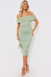Mesh Bardot Ruched Midi Dress