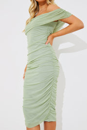 Mesh Bardot Ruched Midi Dress