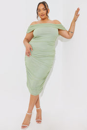 Mesh Bardot Ruched Midi Dress