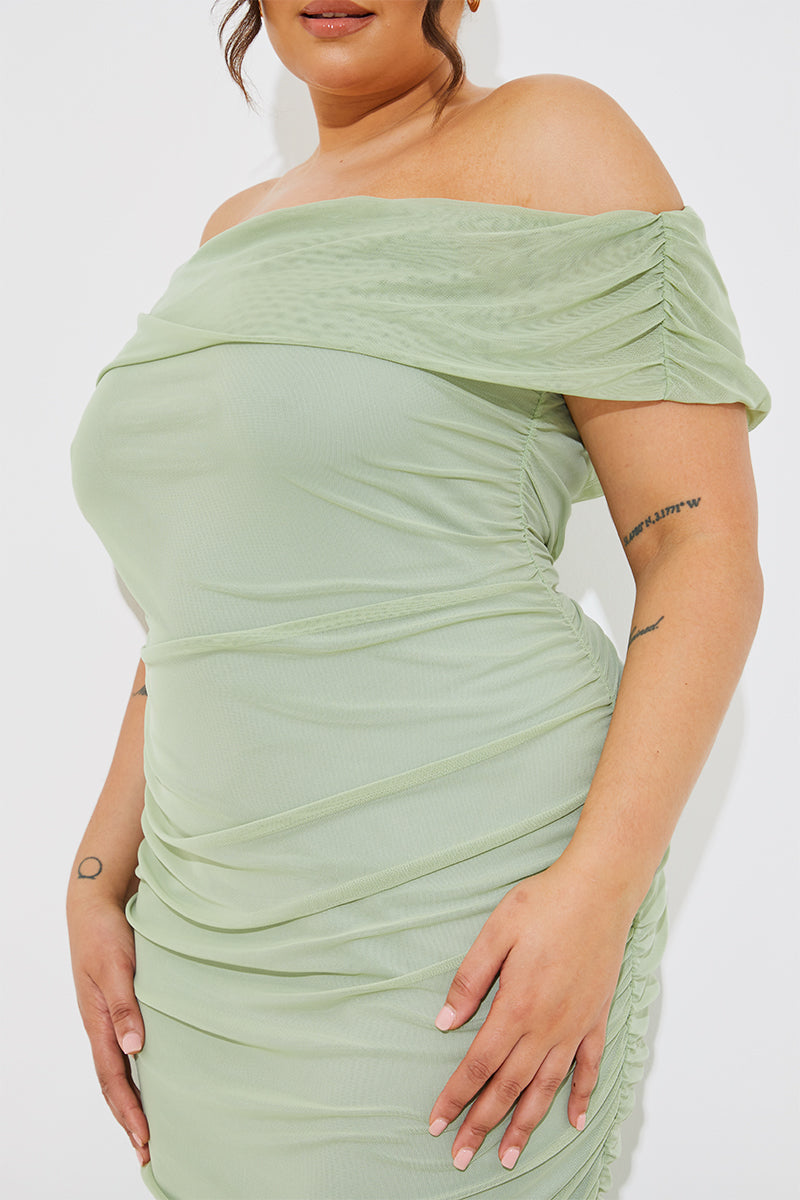 Mesh Bardot Ruched Midi Dress