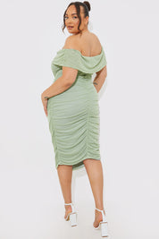 Mesh Bardot Ruched Midi Dress