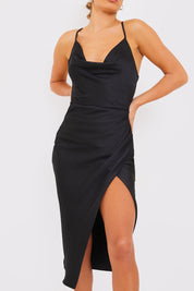 Satin Cowl Neck Midi Dress With Split