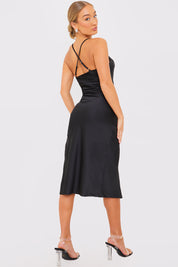 Satin Cowl Neck Midi Dress With Split