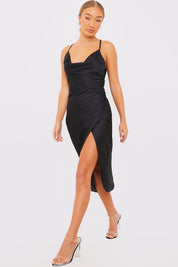 Satin Cowl Neck Midi Dress With Split