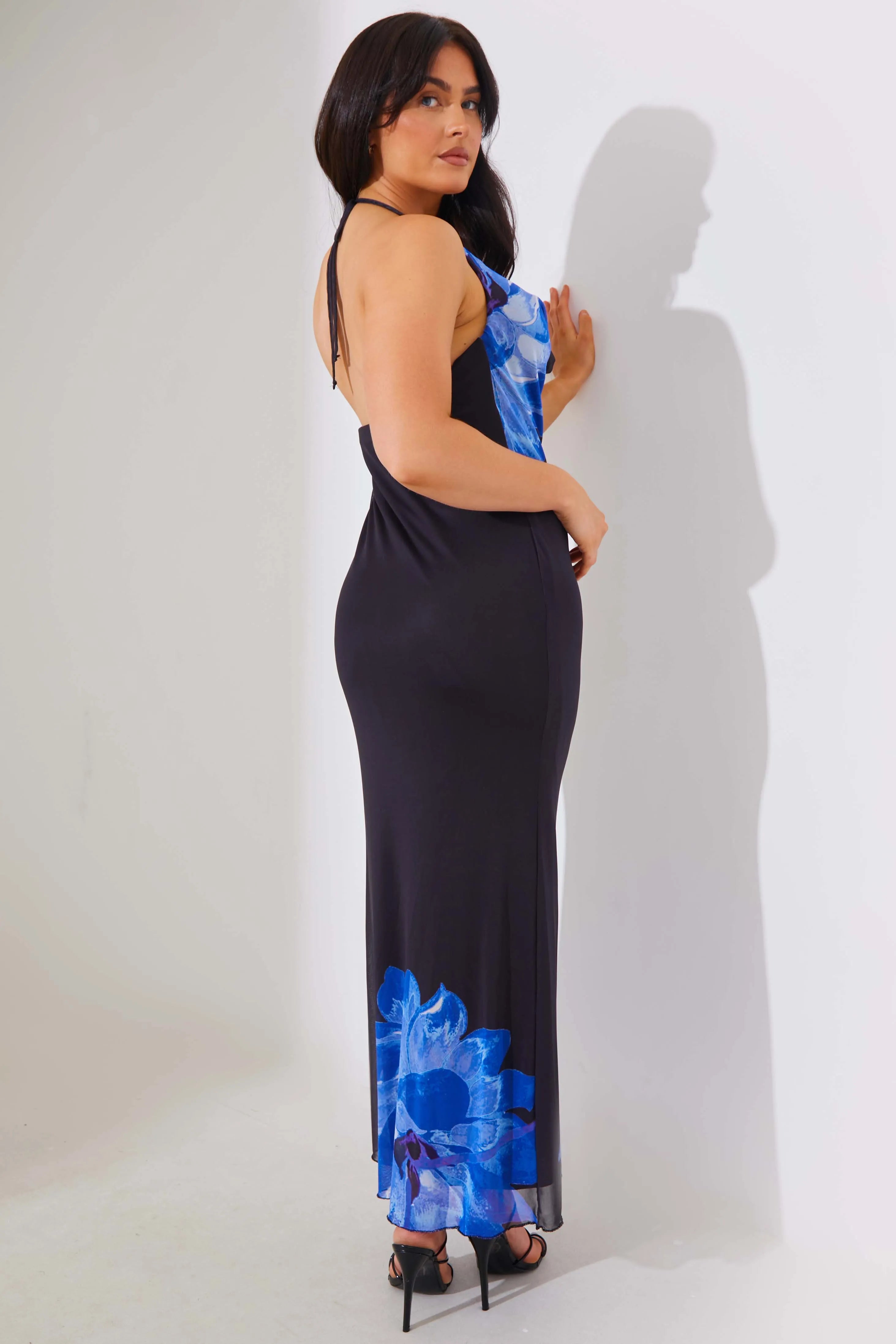 In The Style Mesh Floral Halterneck Cowl Maxi Dress