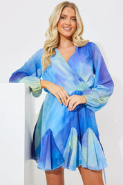 Blue Abstract Print Chiffon Wrap Godet Frill Mini Dress