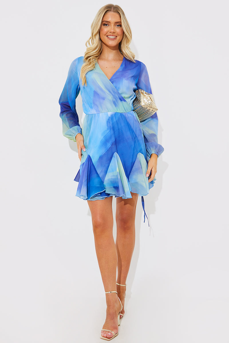 Blue Abstract Print Chiffon Wrap Godet Frill Mini Dress