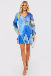 Blue Abstract Print Chiffon Wrap Godet Frill Mini Dress