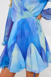 Blue Abstract Print Chiffon Wrap Godet Frill Mini Dress
